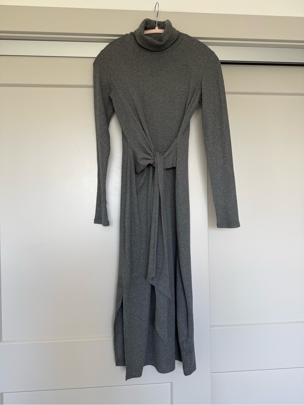 Ralph Lauren Turtleneck Tie-Waist Long Sleeve Midi Dress - Gray